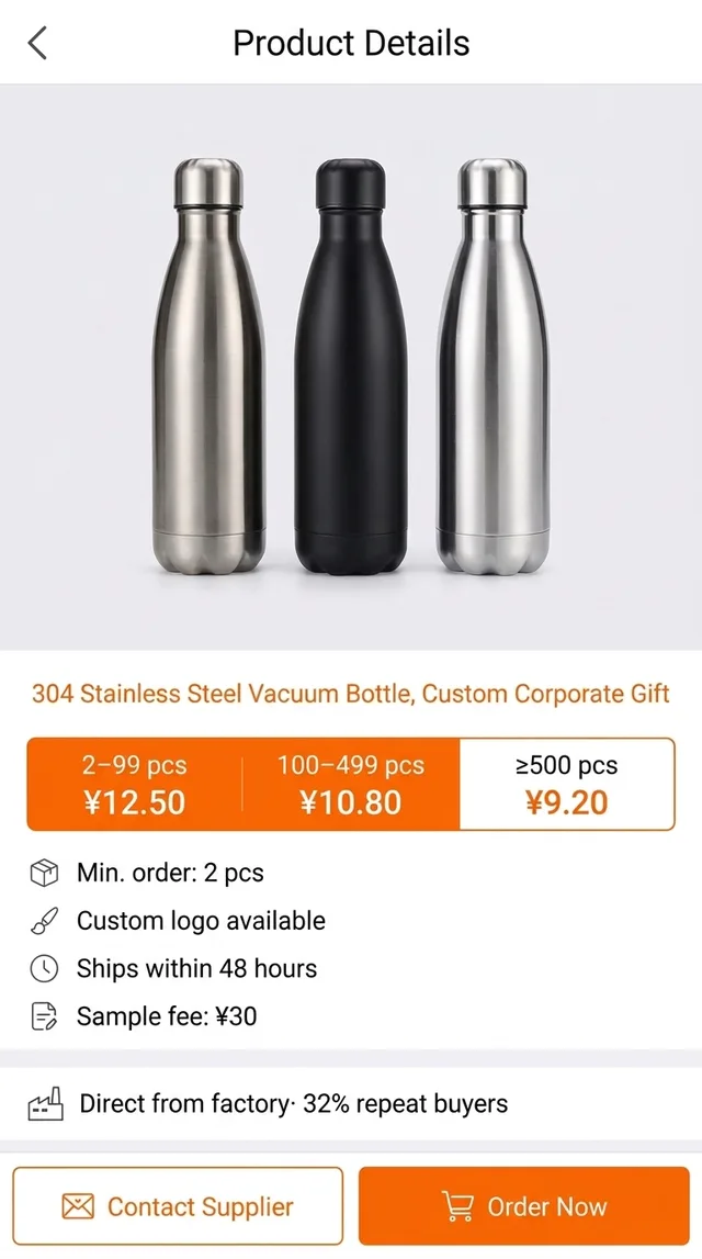 The same wholesale supplier page shown in English inside the floating window, with price tiers, minimum order and sample fee readable