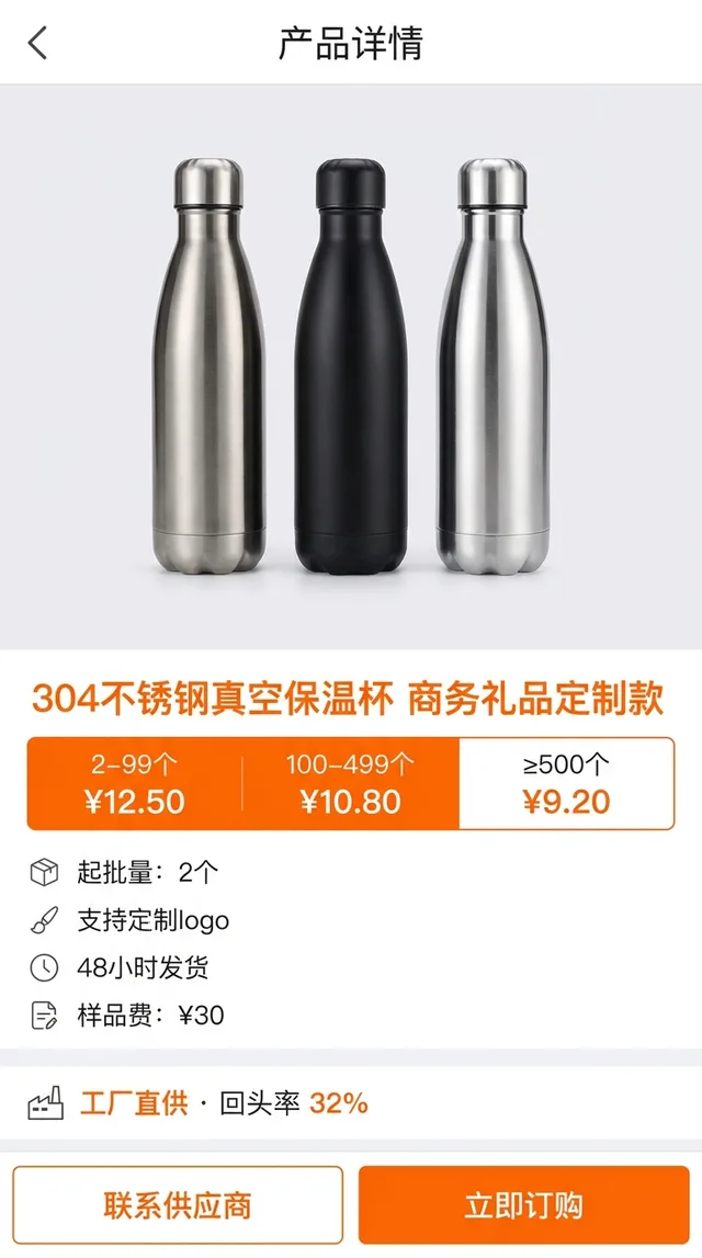 A Chinese wholesale supplier page for stainless steel bottles with quantity price tiers, minimum order, custom logo, 48-hour shipping, sample fee and contact and order buttons