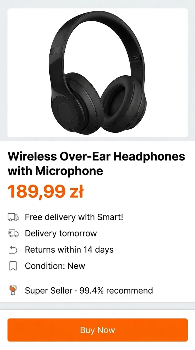 The same headphone product page shown in English inside the floating window: free delivery, delivery tomorrow, returns within 14 days, condition new, and a Buy now button