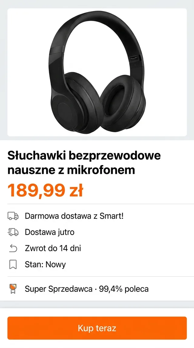 A Polish marketplace product page for wireless headphones priced at 189,99 zł, with free delivery, next-day delivery, 14-day returns, a new-condition label, a top-rated seller badge and a Buy now button, all in Polish