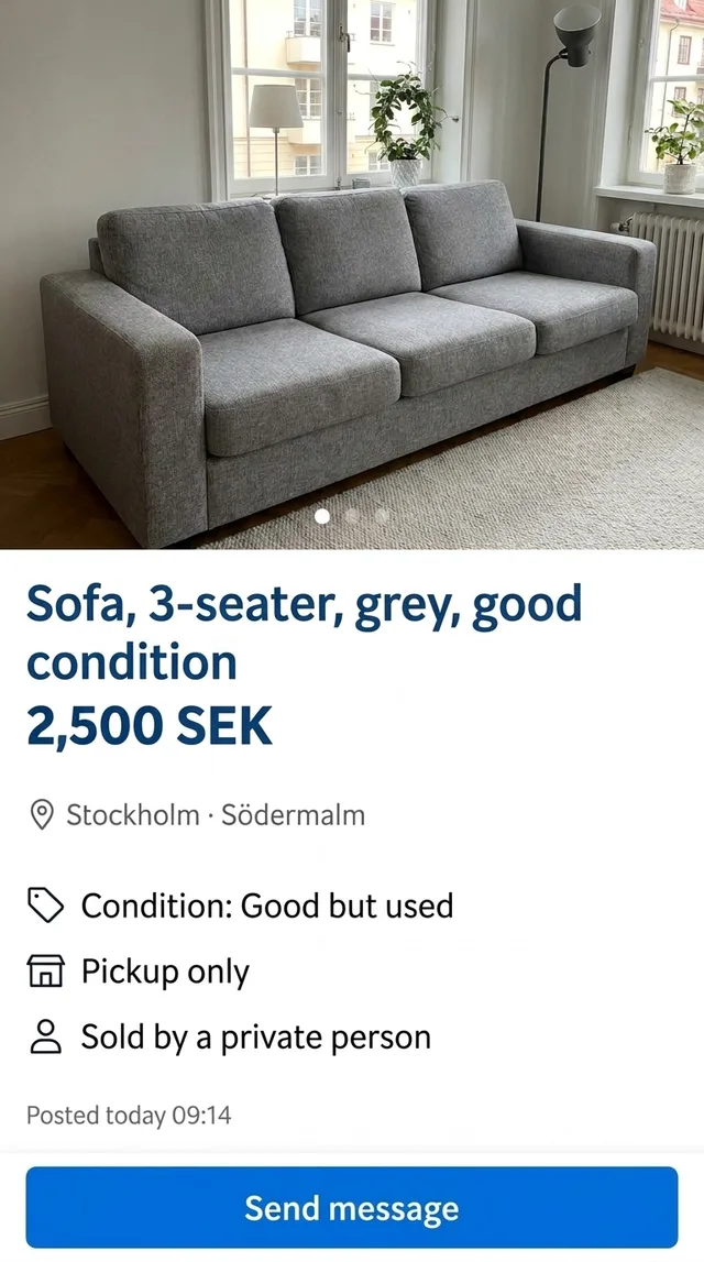 The same sofa listing shown in English inside the floating window: condition, pickup only, private seller and Send message