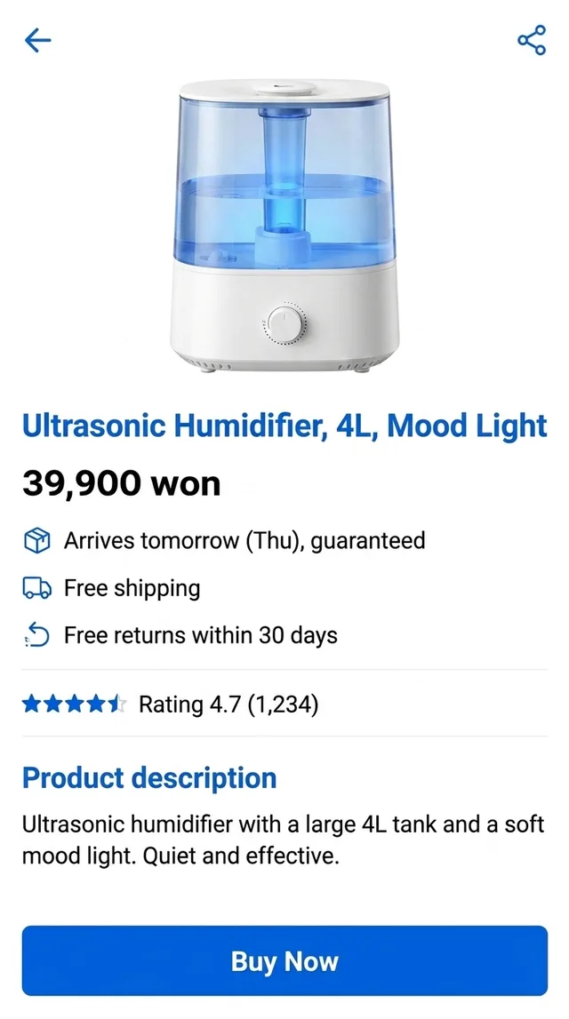 The same humidifier product page in English in the floating window: guaranteed arrival tomorrow (Thursday), free shipping, free returns within 30 days, rated 4.7 from 1,234 reviews, Buy now