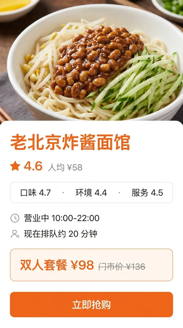 A Chinese restaurant-review app page for an old-Beijing zhajiang noodle restaurant, showing a 4.6 rating, about ¥58 per person, taste, environment and service scores, opening hours, a queue of about 20 minutes and a two-person set deal for ¥98