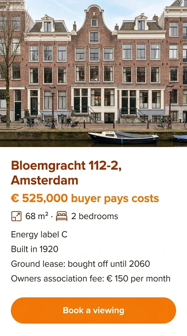 The same Amsterdam flat listing translated to English inside the floating window, including the Plan a viewing button