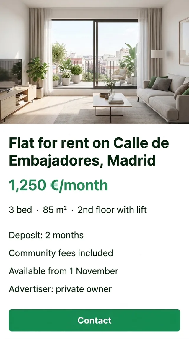 The same Madrid rental listing shown in English inside the floating window: price per month, size, floor and lift, deposit, community fees, availability date and private advertiser
