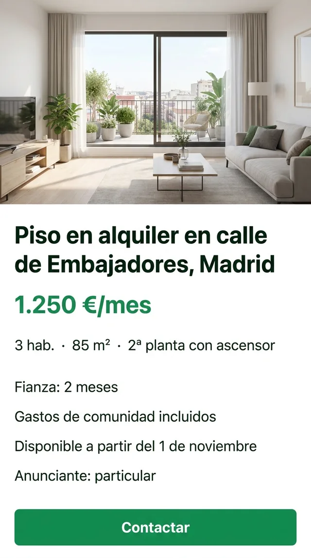 A Spanish rental listing for a three-bedroom flat in central Madrid at 1.250 euros a month, 85 square metres, second floor with lift, two months' deposit, community fees included, available from 1 November, private advertiser, with a Contact button