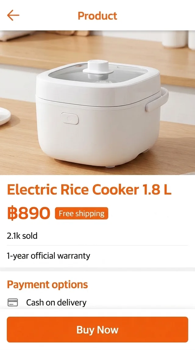 The same rice cooker product page shown in English inside the floating window: free shipping, 2.1K sold, one-year official warranty, cash on delivery, Buy Now