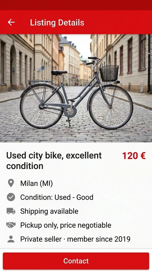 The same used bicycle listing shown in English inside the floating window, with condition, shipping and pickup terms readable