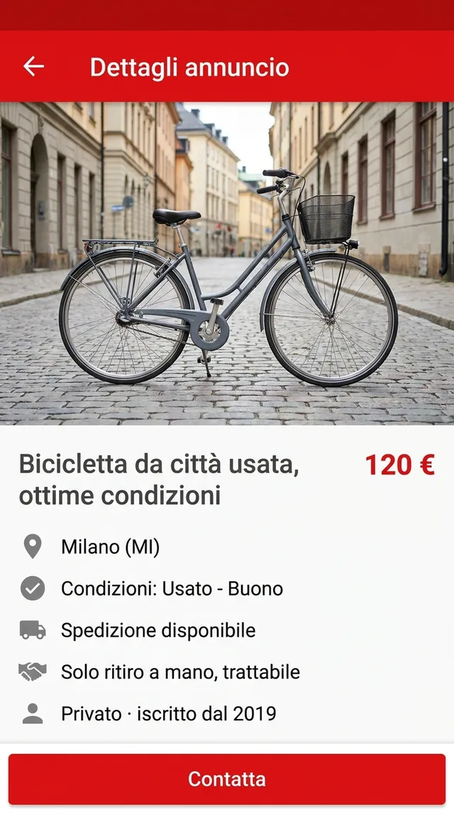 An Italian classifieds listing for a used city bicycle at 120 euros in Milan, with condition, shipping and pickup notes, a private seller row and a contact button