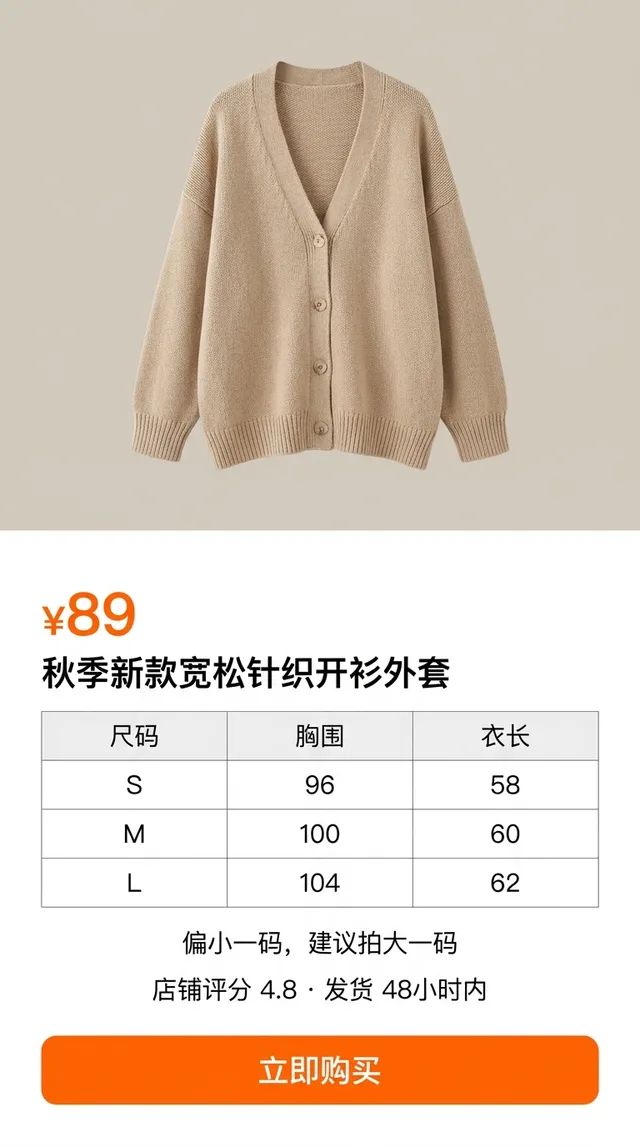 A Chinese shopping app product page for a beige knit cardigan priced at ¥89, with a Chinese size chart, a runs-small note, a 4.8 shop rating and a buy-now button