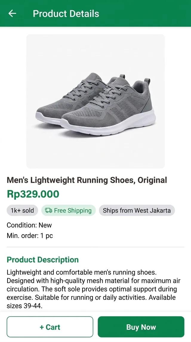 The same running shoe product page translated to English inside the floating window