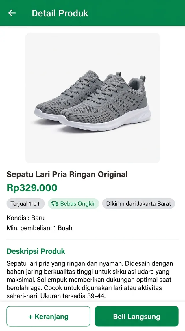 An Indonesian marketplace product page for men's running shoes with the price, a free-shipping badge, seller location and add-to-cart and buy-now buttons