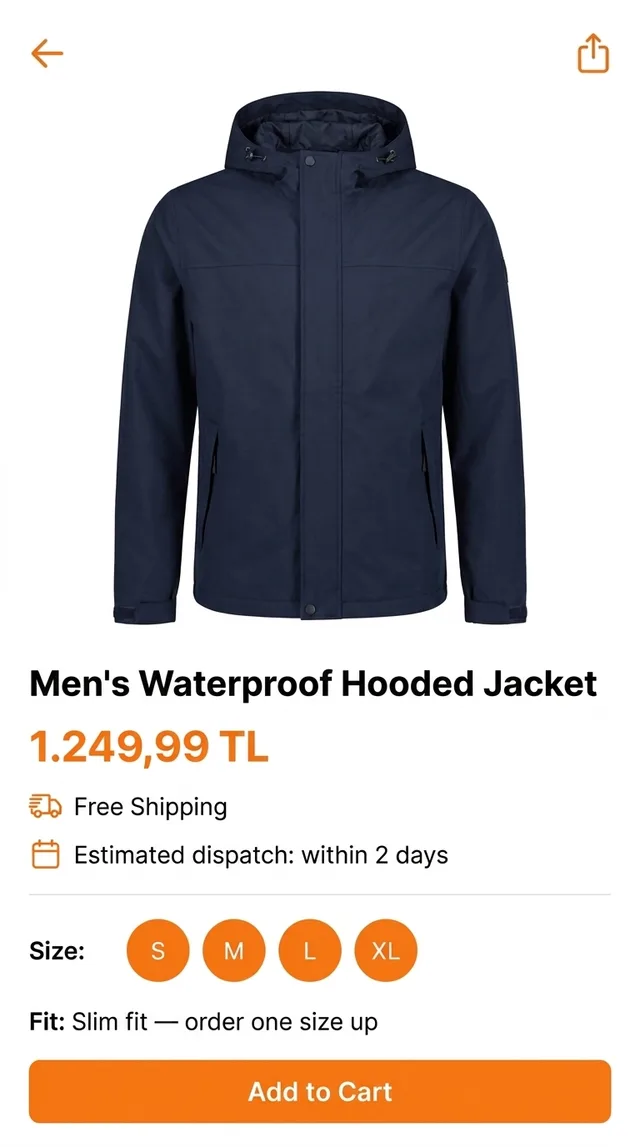 The same jacket product page translated to English inside the floating window, showing free shipping, sizes, the fit advice and the add-to-basket button
