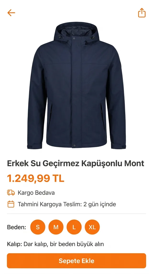 A Turkish fashion shopping app showing a men's waterproof hooded jacket priced in lira, with free shipping, a two-day dispatch estimate, sizes S to XL, a slim-fit note and an add-to-basket button