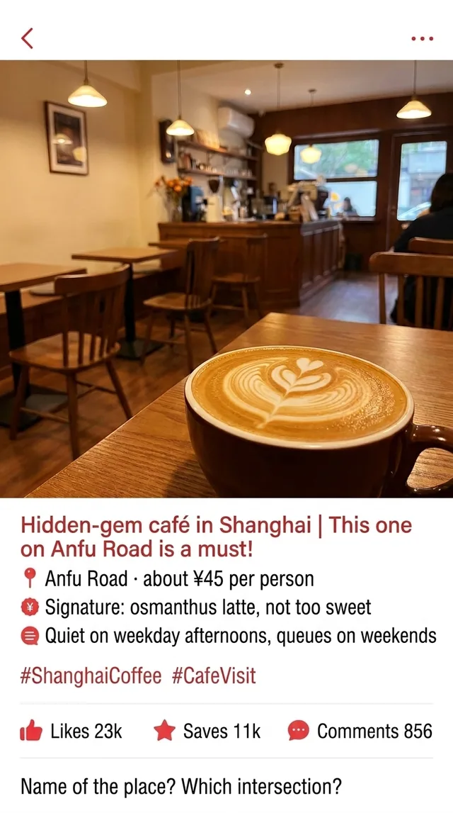 The same coffee shop note in English in the floating window: about ¥45 per person, osmanthus latte not too sweet, quiet on weekday afternoons, queues at weekends, 23k likes, 11k saves and 856 comments