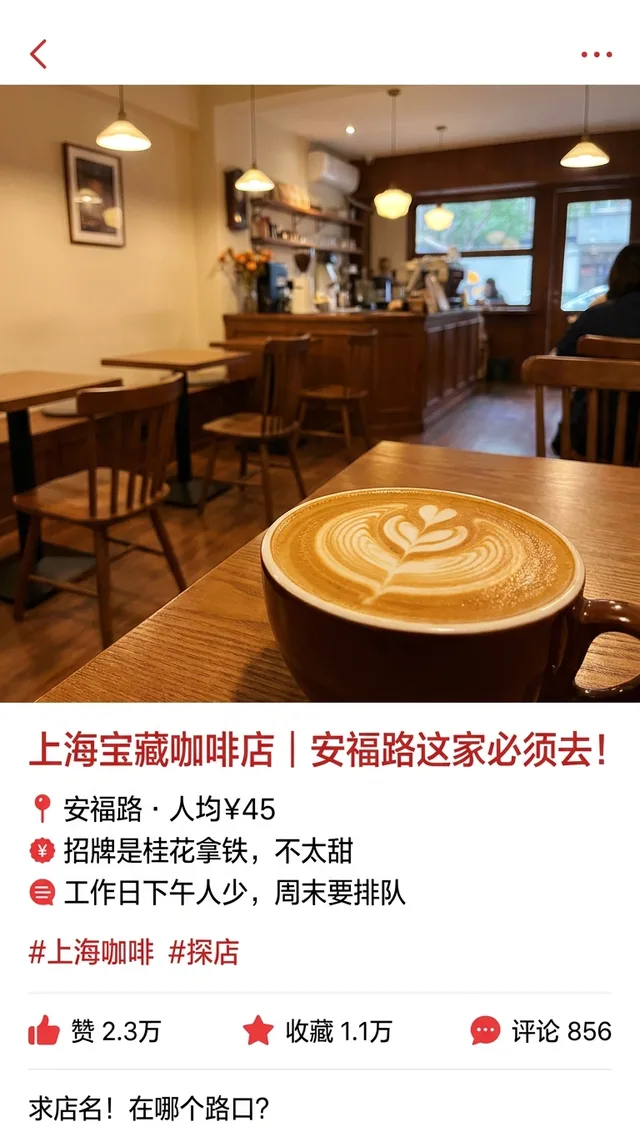 A Chinese lifestyle app note about a hidden-gem coffee shop on Anfu Road in Shanghai, with hashtags, like, save and comment counts and a comment asking which intersection it is at